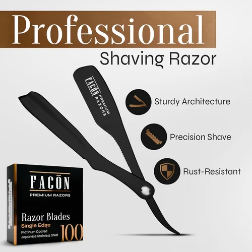 Vista 10 de Facón - Maquinilla de afeitar recta para hombre, kit profesional de afeitar de borde recto con 100 cuchillas, afeitadora barbero japonesa de acero