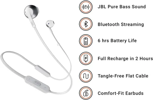 Vista 2 de JBL Tune 205BT - Auriculares intrauditivos inalámbricos con control remoto de tres botones y micrófono (plateado)