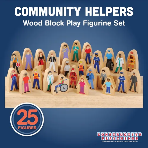 Vista 2 de Constructive Playthings Wooden Community Helpers - Juego de figuras de juguete de madera de 25 piezas, figuras de juguete de madera independientes