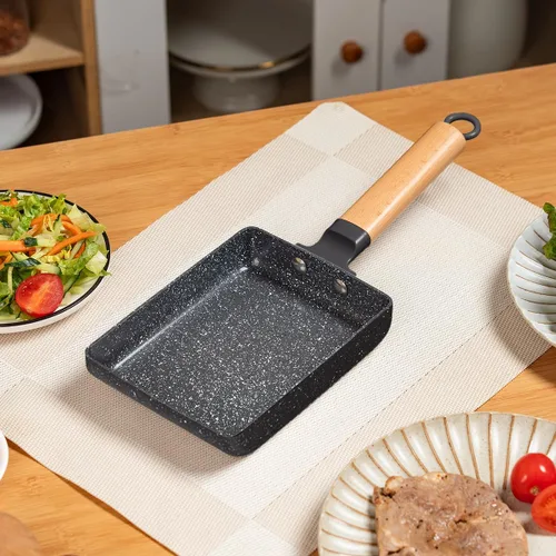 Vista 6 de Sartén cuadrada con revestimiento cerámico japonés Tamagoyaki para tortilla, pequeña sartén rectangular antiadherente con asa de madera (Gris oscuro)