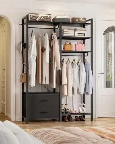 Vista 5 de Perchero de 78.7 pulgadas para colgar ropa, perchero reversible con 2 cajones, percheros resistentes con estantes, sistema de armario portátil Negro