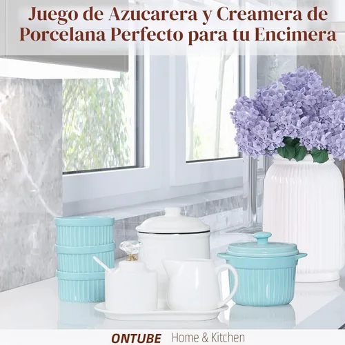 Vista 4 de ONTUBE Ceramic Sugar and Creamer with tray and Crystal Lid Set of 4 (Gold)