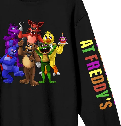 Vista 3 de Bioworld Five Nights at Freddy's Characters and Multi-Color Sleeve Title - Sudadera de cuello redondo para adulto