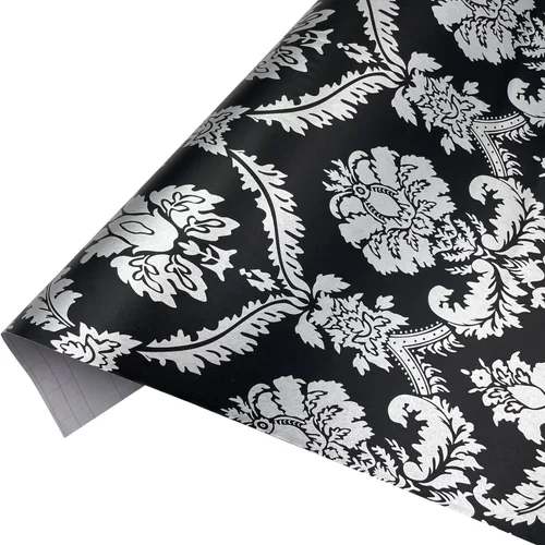 Vista 3 de Yifely SimpleLife4U - Revestimiento decorativo de papel de damasco plateado para cajones de estantes, color negro, para despegar y pegar, 17 x 118