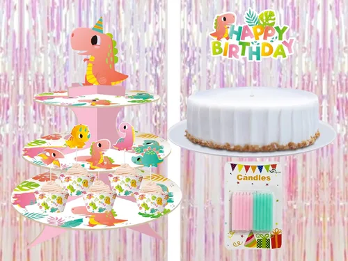 Vista 4 de Oojami Suministros de fiesta de dinosaurios para 24 - Juego de decoraciones de cumpleaños para niñas