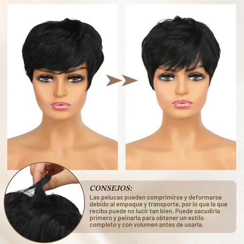 Vista 2 de RUWISS Peluca de cabello humano con corte Pixie, peluca de cabello humano con flequillo, peluca negra corta natural en capas, ondulada, diferentes