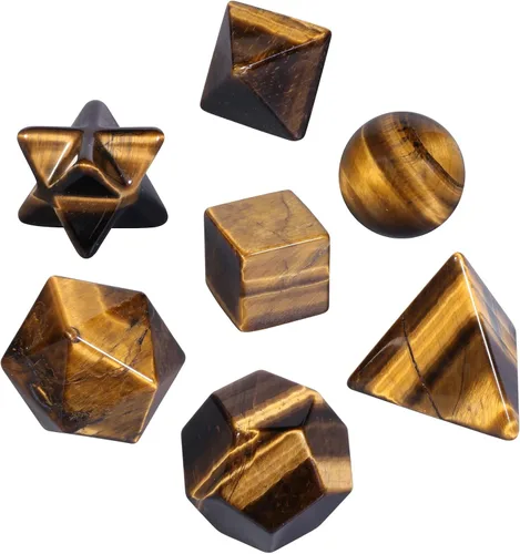 Vista 4 de Nupuyai Paquete de 7 piedras naturales de ojo de tigre curativo platónico de cristal sólido con geometría de estrella Merkaba Kit de piedra