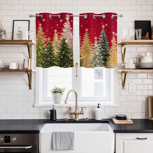 Vista 7 de Libaoge Cortinas de Navidad para cocina, dormitorio, juego de 2 paneles, diseño de muñeco de nieve de Navidad, cortinas de invierno con copos