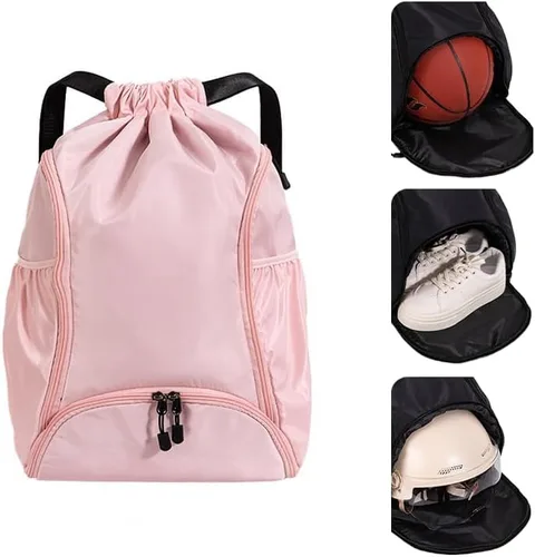 Vista 12 de Mochila deportiva con cordón, bolsa de gimnasio impermeable para mujeres y hombres, paquete de baloncesto con compartimento para zapatos, Negro