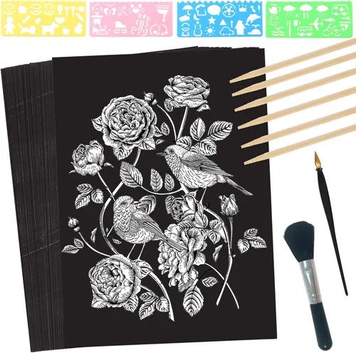 Vista 8 de ZOCONE Juego de arte de papel para rascar, 30 hojas de 8 x 11 pulgadas, papel para rascar grande con lápices y plantillas de madera, papel de arte