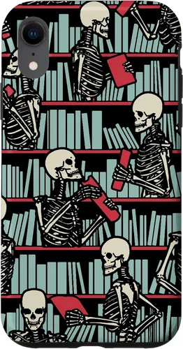 Vista 24 de iPhone 16 Bookish Public Library Skeleton Goth Librarian Books Pattern Case