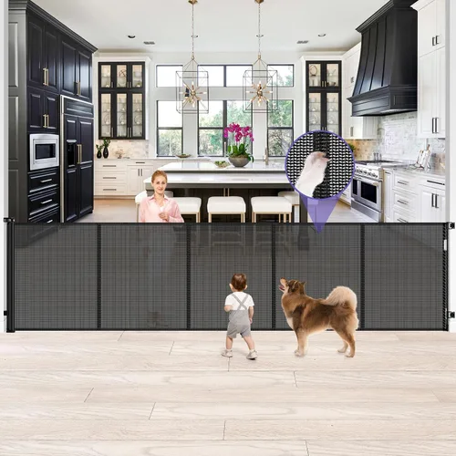 Vista 20 de Puerta Reforzada para Mascotas Extra Alta de 42" y Puerta Retráctil para Bebés de 55" de Ancho con Varillas de Soporte - Puerta Retráctil para Negro