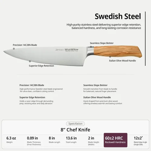 Vista 5 de WICKWILLOW - Cuchillo de chef de 8 pulgadas – Cuchillo de cocina de acero sueco ultra afilado con mango de madera de olivo italiano – Cuchillo