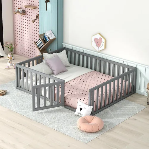 Vista 11 de Harper & Bright Designs Cama Montessori doble con valla y puertas, marco de cama de piso para espacios pequeños, sin rejas, gris