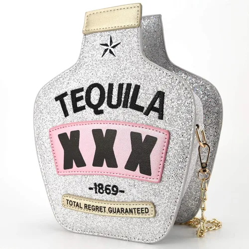 Vista 2 de QiMing Bolso de hombro láser con forma de botella de tequila, bolso cruzado de poliuretano para mujer