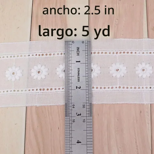 Vista 3 de Ribete de encaje de algodón blanco con ojales para costura para manualidades, vestidos, ropa de bebé, bolsa de 4.8 yardas