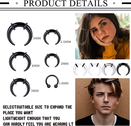 Vista 2 de LOLIAS 16G-6G Septum Pincher Tapers Septum Rings Acrylic Stainless Steel Internally Threaded Spike Horseshoe Barbells Septum Pincher Nose Ear