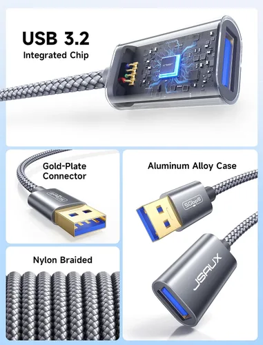 Vista 4 de JSAUX Cable de extensión USB 3.0 de 1.6 ft, cable de extensión USB A macho a hembra, material trenzado duradero, transferencia de datos rápida