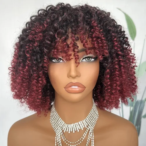 Vista 9 de SOKU Peluca de cabello corto rizado para mujeres negras, peluca corta rizada con flequillo, 10 pulgadas, rubia, resistente al calor, para mujer
