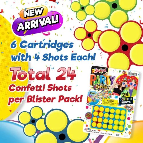 Vista 3 de JA-RU Poppers de confeti para niños con recambios (1 pistola de confeti y 28 disparos) coloridos para fiestas, regalos de fiesta para bodas