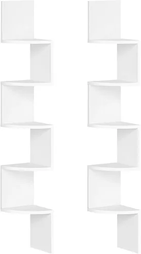 Vista 14 de HOOBRO Estante esquinero montado en la pared, juego de 2 estantes de esquina flotantes para pared, estantes esquineros de 4 niveles para sala