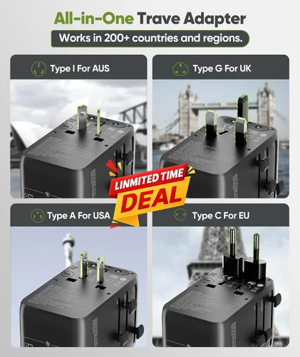 Vista 2 de Adaptador de viaje universal GaN de 70 W con cable USB-C retráctil, cargador de pared rápido para MacBook Pro/Air, portátiles, enchufe internacional