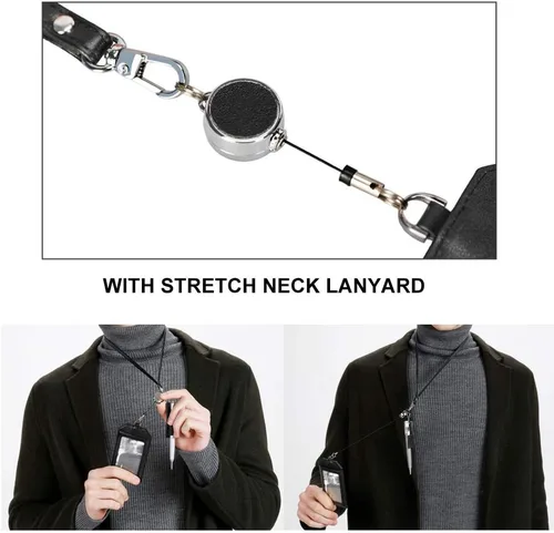 Vista 6 de boshiho - Soporte para tarjetas de identificación de crédito de piel auténtica con cordón elástico para el cuello, estilo vertical (negro)