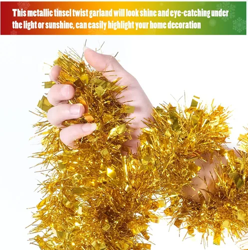 Vista 3 de [Usado] CANREVEL 4 Piezas 26.2 Pies Guirnalda de Navidad de Espumillón Metálico Brillante Trenzado Decoraciones Colgantes para Árbol de Navidad