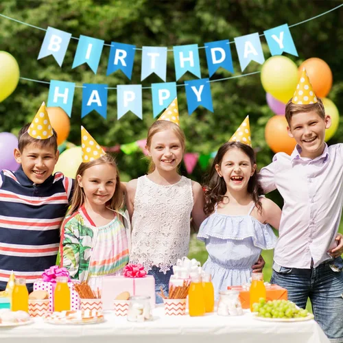 Vista 4 de Cartel azul de feliz cumpleaños, pancarta de feliz cumpleaños, guirnalda para baby shower, revelación de género, suministros de fiesta para niños