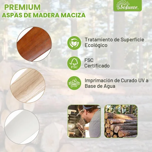 Vista 8 de Sofucor Ventilador de techo de 52 pulgadas con luz y control remoto, 3 aspas de madera maciza, motor de CC silencioso, 6 velocidades 5000 CFM, LED