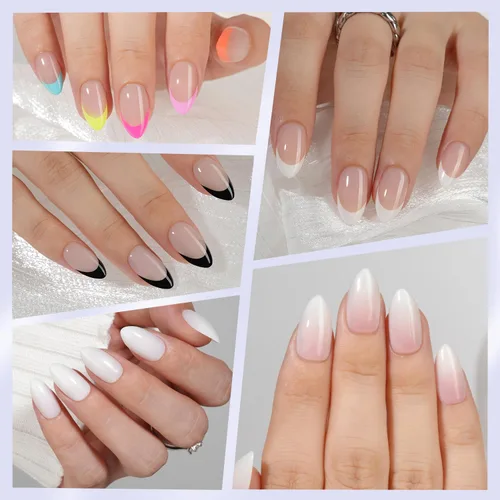 Vista 4 de 6 paquetes de uñas postizas en forma de almendra, uñas postizas de punta francesa Misssix cortas, uñas postizas reutilizables con pegamento, uñas