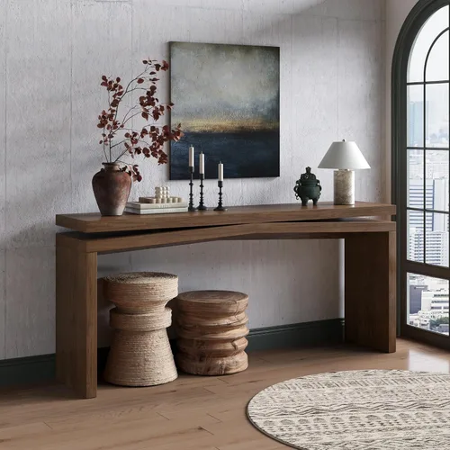 Vista 33 de 50" Modern Art Sculptural Console Table, Oval Cutout Legs, Wood Veneer, Thick Rounded Tabletop, Contemporary Entryway Sofa Table for Living Room
