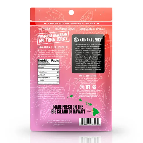 Vista 2 de Kaimana Ahi Atún Jerky, chile hawaiano, 2 onzas, capturado en la naturaleza, alto en Omega 3, totalmente natural, fabricado en los Estados Unidos