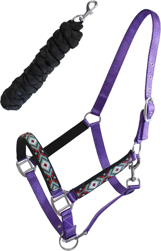 Vista 10 de CHALLENGER Nylon Horse Beaded Halter Nickle Plated Hardware w/Lead Rope Tack Blue 606175 Negro