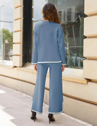 Vista 7 de Lentta Conjunto de 2 piezas de suéter de punto de manga larga para mujer, pantalones de pierna ancha, conjunto de descanso