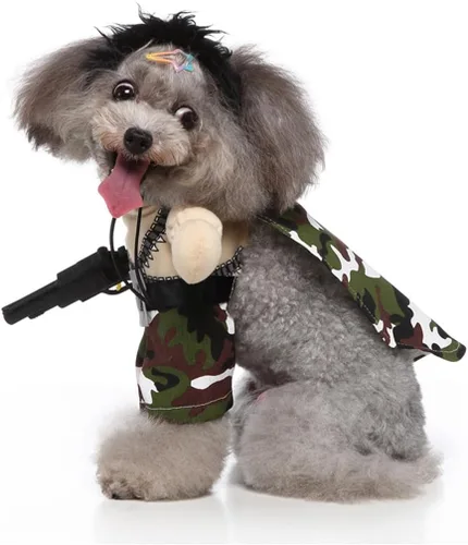 Vista 4 de Disfraz de perro mercenario para cachorro, ropa de cosplay para mascotas, disfraz divertido de Halloween y Navidad, para gatos y perros pequeños