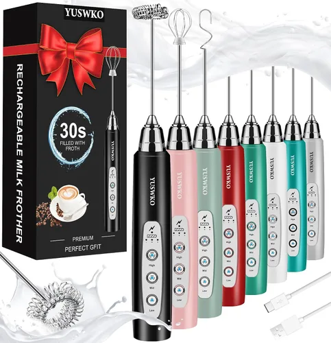 Vista 13 de YUSWKO Baby Blue - Varita espumadora de leche de mano para café, batidor eléctrico recargable con 3 cabezales, 3 velocidades, mezclador de bebidas