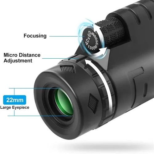 Vista 2 de 40X60 High Power Zoom Monocular Pocket Telescope with Smartphone Holder Tripod for Camping Hiking Waterproof(Telescope Set)