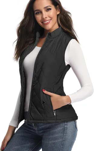 Vista 7 de Chaleco para exteriores de mujer, chaleco acolchado ligero con cremallera y cuello alto.