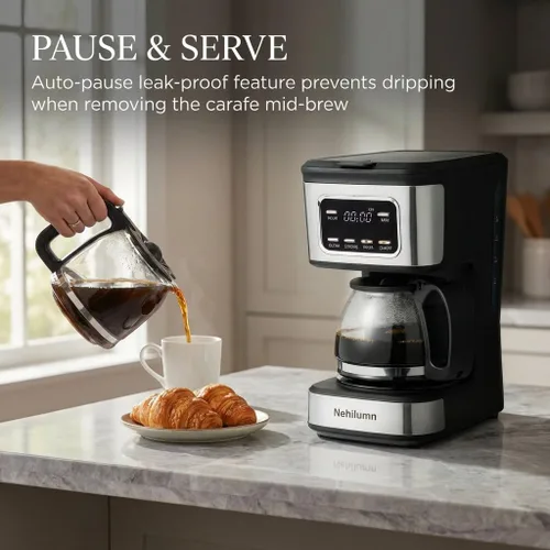 Vista 2 de Cafetera programable para 5 tazas, filtro reutilizable, indicador de nivel de agua transparente, apagado automático, cafetera negra y de acero