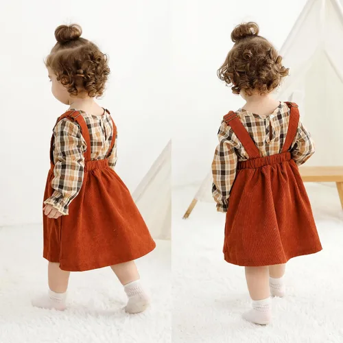 Vista 3 de YOUNGER TREE Conjunto de ropa de manga larga a rayas y tirantes para bebé niña con un bolsillo