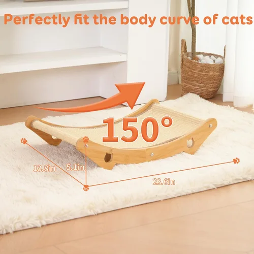 Vista 4 de Cama rascador de sisal para gatos, hamaca de madera natural, almohadilla rascador extra grande