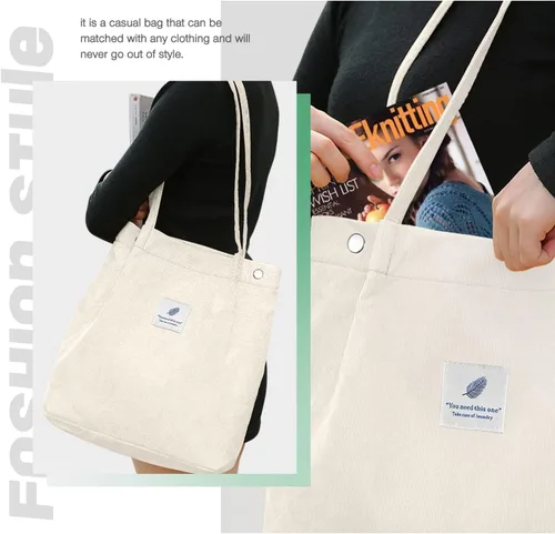 Vista 5 de Bolsas de pana para mujer, bolsa de pana de gran capacidad, reutilizable, con bolsillos interiores