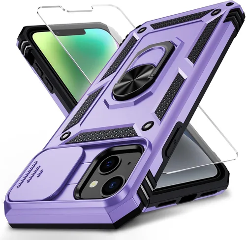 Vista 27 de Funda para iPhone 14 con cubierta para lente de cámara, protector de pantalla HD, protección contra caídas de grado militar de 10 pies, soporte