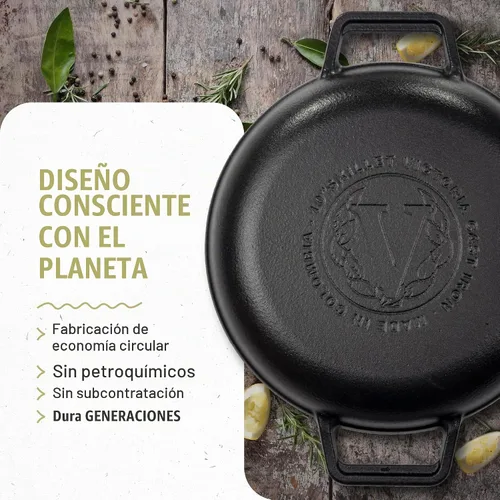 Vista 5 de Victoria - Sartén de hierro fundido redonda con asas de doble bucle, fabricada en Colombia, 10 pulgadas