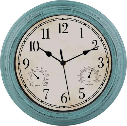 Vista 9 de Reloj de pared retro impermeable de 12 pulgadas para interiores y exteriores, con termómetro e higrómetro, funciona con pilas, reloj de pared
