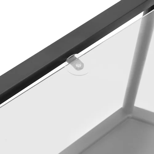 Vista 6 de Mesa auxiliar geométrica negra, mesa auxiliar de metal de 2 niveles con panel de vidrio, mesa auxiliar moderna y simple con estante