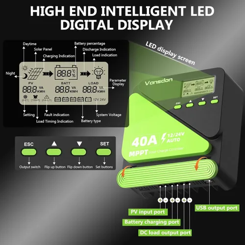 Vista 3 de Vansdon Controlador de carga solar de 40 A, controlador de carga solar MPPT de 12 V/24 V, LCD ajustable con temporizador, puertos USB duales