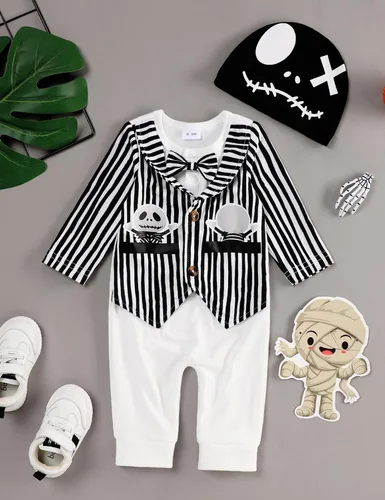 Vista 2 de RCPATERN Ropa de bebé de Halloween Mono de rayas blancas y negras para bebés de 0 a 24 meses