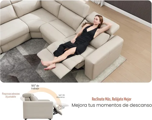 Vista 3 de Sofá Reclinable Eléctrico AMERLIFE, Sofá Reclinable con Consola y Reclinación Dual, Sofá Seccional de Cuero para Sala de Estar, Beige Marrón